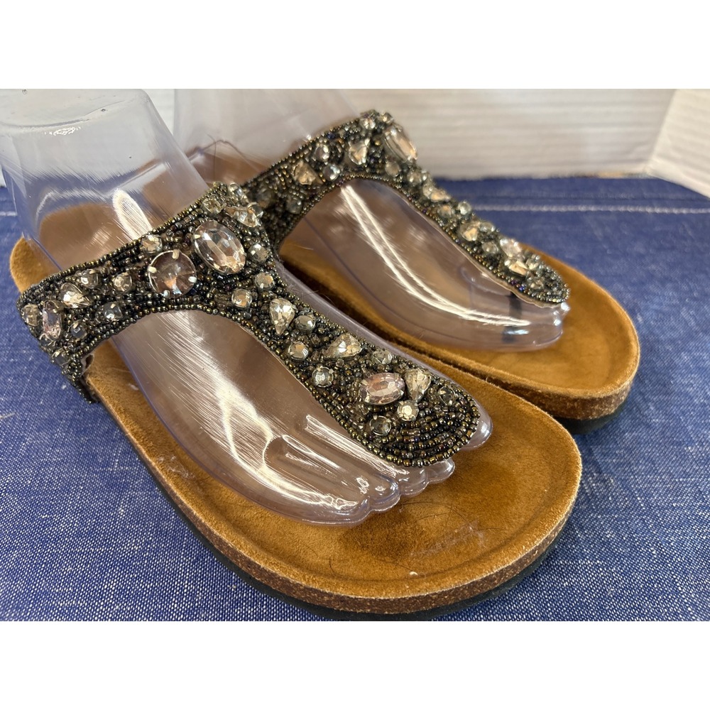 Barneys New York Womens 39 Jewel Embellished T-Strap Cork Footbed Sandals Black